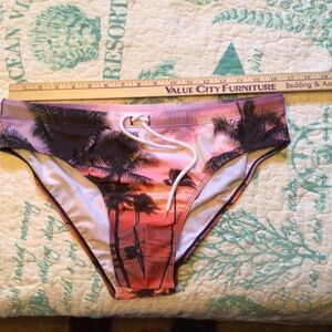 Palm tree swim brief, Asian Xl, palm trees, sunset color drawstring